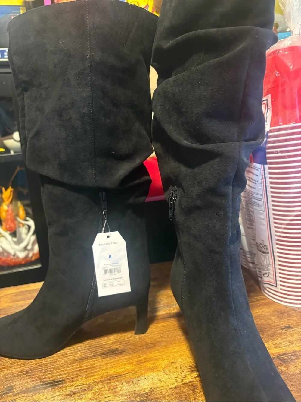 Black Suede Look Slouch Knee-High Boots - Women's Fashion Heel size 8